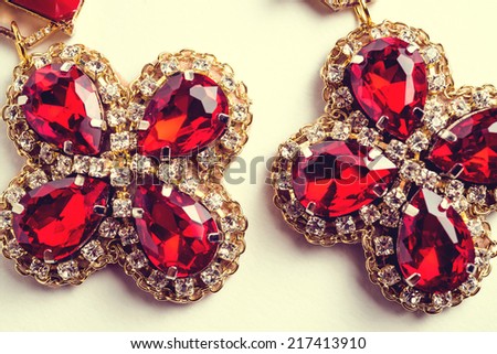 Handmade red earrings with jewels. Vintage style