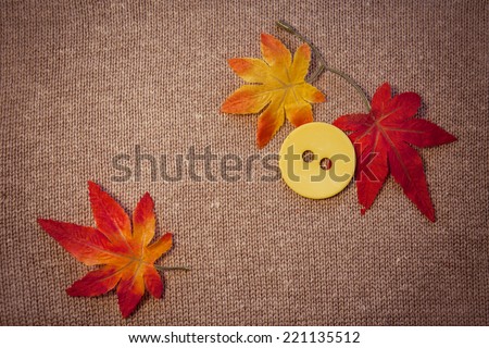 leaves red autumn on a brown knitted background and yellow buttons