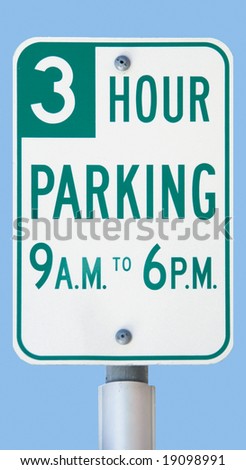 Three-Hour parking sign shot against a clear blue sky.
