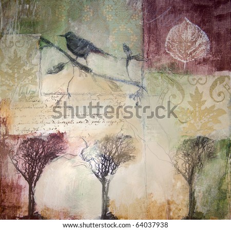 Mixed media layered painting with bird and winter trees. Painting style blurs and veils images.