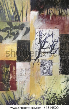 Layered collage acrylic painting with photographs of trees, leaves, reeds, and handwritten text. All aspects of this expressionistic abstract are photographer\'s own work.