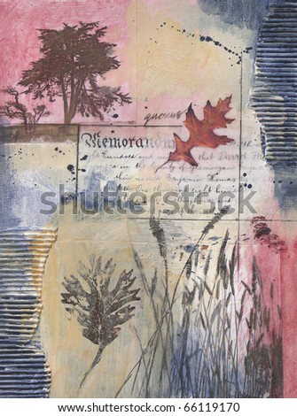Mixed media painting with tree, leaves, grasses, text