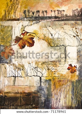 Mixed media collage painting of vines and vine leaves