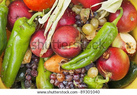 Heap of rotting fruit and vegetables for recycling as compost