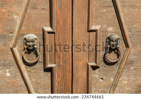 old wooden door with bronze door knocker in the faces of Egyptian