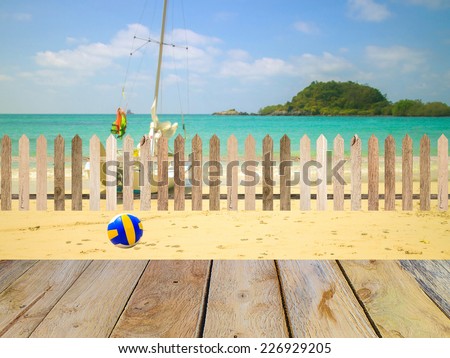 ball and wooden terrace and sea, vintage style