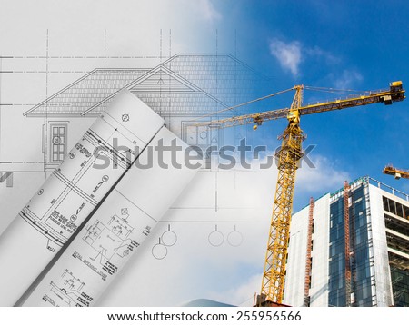 Blueprint and construction site. Construction concept.