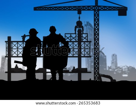 silhouette engineer looking construction worker in a building site over Blurred construction site