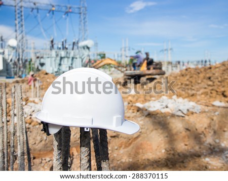Safety helmets outdoors at construction site.Safety equipment of construction worker
