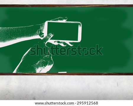 Paintings Hands are holding and point on A Big Screen Smart Phone by Chalk on Textured Blackboard