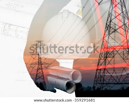 Double exposure man survey and civil engineer stand on ground working in a land building site over Blurred construction worker on construction site. examination, inspection, survey