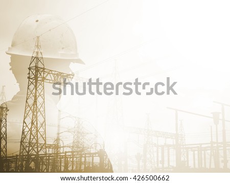 Double exposure engineer standing orders for construction crews to work safely on high ground over blurred natural background sunset pastel. heavy industry and safety at work concept.sepia pastel tone
