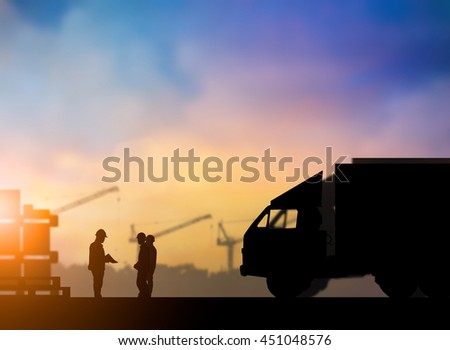 Silhouette People supervisors meeting, planning of Transportation Send to People over blurred pastel background sunset industry and shipping. Heavy industry and Transportation and People concept.