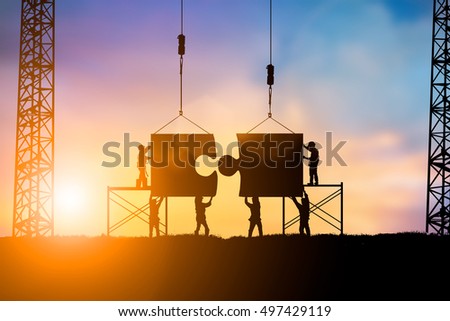 Silhouette Team business engineer work connecting jigsaw puzzle pieces together Teamwork potential and motivate employee to growth over blurred natural background  pastel