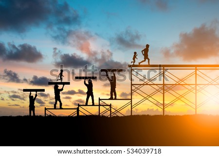 learning and teaching, teacher, team responsible for the idea of progress concept.Silhouette. Adults helped build the foundation for a child to grow up and grow efficiently over blurred natural.