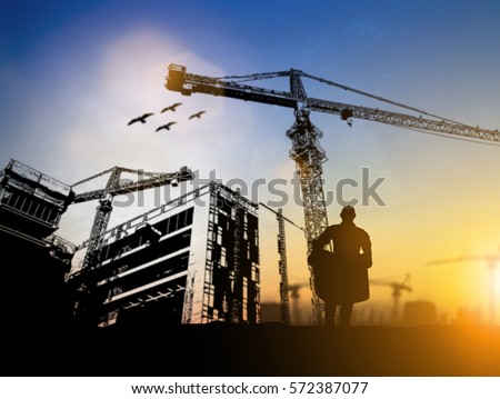 Silhouette team business industrial inspection and ordered construction site jobs over blurred natural. Motivate employee growth concept.