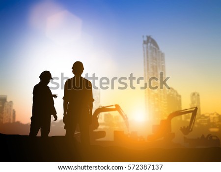 Silhouette machinery work construction road plan to connect and Heavy industry and safety at work concept support transportation business and journalism over blurred natural background sunset pastel