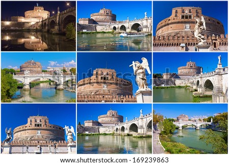Famous Saint Angel castle and bridge over Tiber river in Rome, Italy