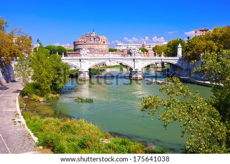 Famous Saint Angel castle and bridge over Tiber river in Rome, Italy