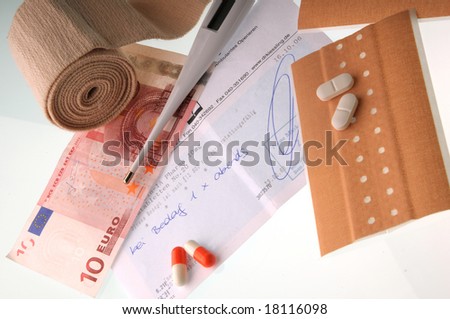 Money, Recipe, first aid equipment on white background
