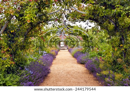 Colourful English summer flower garden with a path under archway