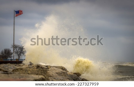 Waves crashing against rocky shoreline