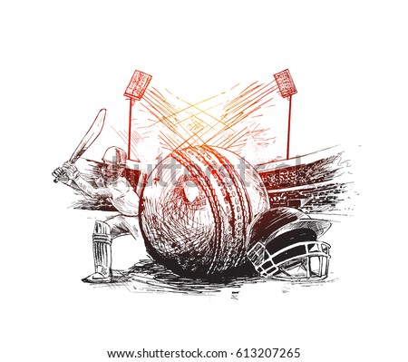 Cricket player with ball helmet  in Cricket stadium freehand sketch graphic design, vector illustration