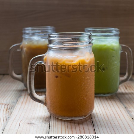Ice tea,Ice coffee,Ice green tea in a glass Mason Jar