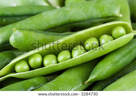 Opened and closed fresh pea-pod. Shallow depth of field