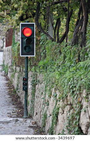 Traffic sign in a country road with the red light on
