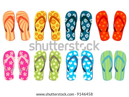 stock vector : Beach sandals. Different colorful flip-flops over white 