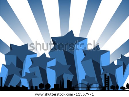 new york skyline silhouette vector. stock vector : Silhouette buildings. City skyline over blue stars and stripes