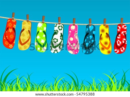 stock vector : Beach sandals. Different colorful flip-flops hanged on a rope 