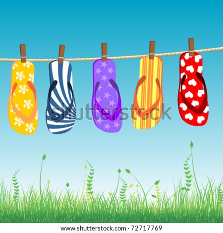 Beach Shoes on Beach Sandals Collection Hanged On A Rope Stock Vector 72717769