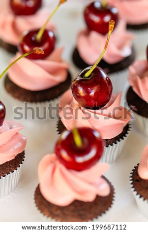 Delicious chocolate cake baked in a paper cup with pink buttercream icing  topped with a fresh cherry.