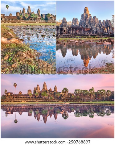 Angkor Wat and Bayon temples  at dramatic sunrise reflecting in water