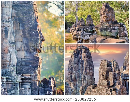 3 full size images collage. Bayon temple statues and sculpures