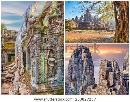 3 full size images collage. Bayon temple statues and Ta Prohm roots