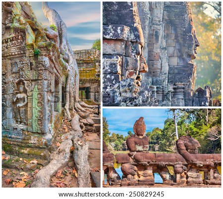 3 full size images collage.Ta Prohm temple and Bayon statues