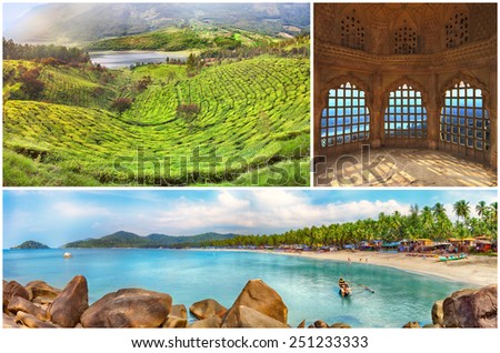 3 full size images collage.Indian tourist attractions - Goa, Munnar,  Jaipur