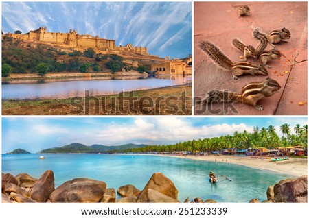 3 full size images collage.Indian tourist attractions, Goa beach, Jaipur Amber fort