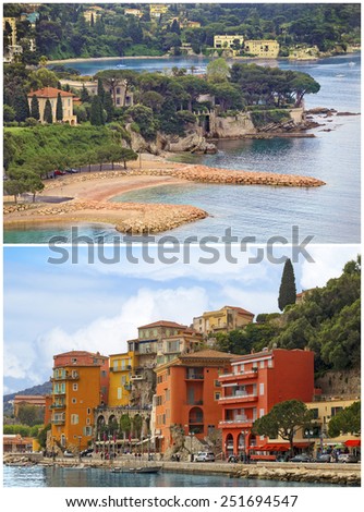 2 full size images collage. Summer view of French riviera coastline, Cote d\'Azur