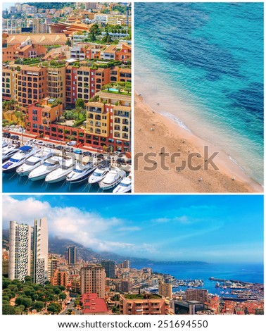 3 full size images collage.View over Monaco harbour from the viewpoint, Cote d\'Azur, France