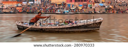 Indian tourist attractions Varanasi. Panoramic horizontal cover layout