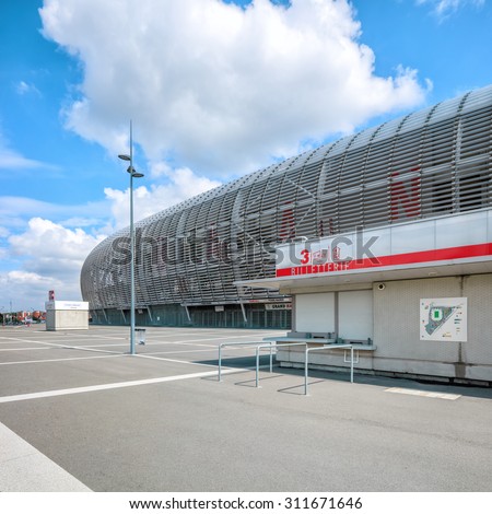 Lille, France - August 14, 2015: view of new Pierre Mauroy football stadium  ticket office ready for UEFA EURO 2016 in Lille, France