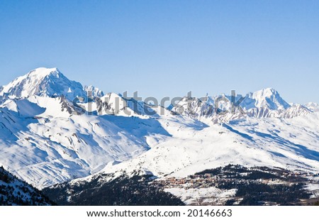 Ski resort Les Arcs and Mont Blanc. France - stock photo