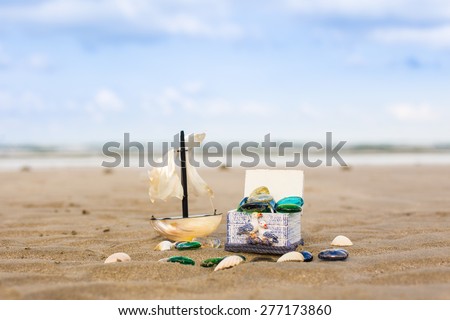 treasure chest and boat beach Holiday, summer, beach Background.