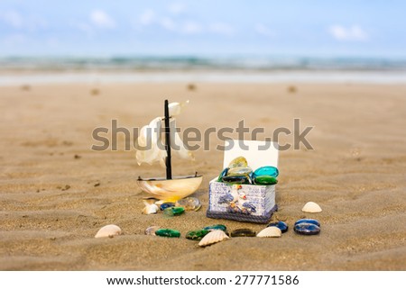 treasure chest and boat beachHoliday, summer, beach Background.
