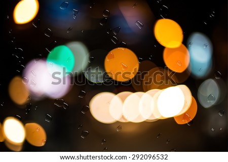 Image of raindrops on window at night in the city.