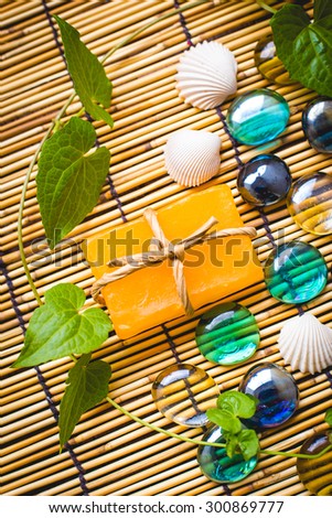 Spa, Handmade soap on wooden table